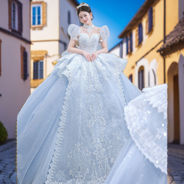 蓝色一字肩气质婚纱主纱2025新款新娘法式公主小个子礼服质感拖尾