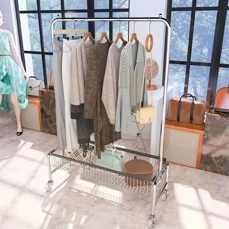 落地挂衣架移动多功能收纳架子服装店展示架网红卧室带篮置物架