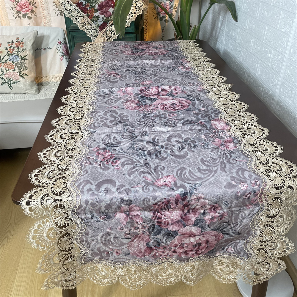 8001-69贡缎（60*180CM长方）富贵紫提花水溶花边盖巾