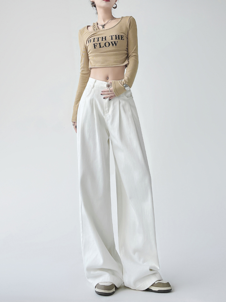 大码高级感白色高腰阔腿牛仔裤女夏季宽松显瘦褶皱直筒拖地长裤子