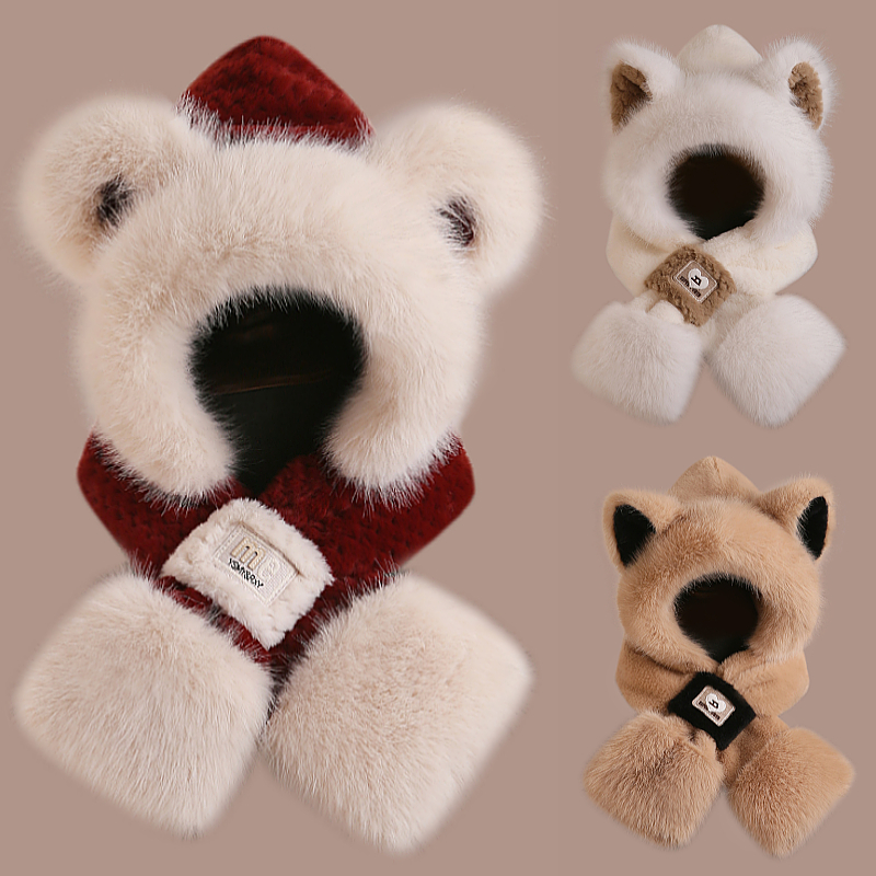 可爱小熊帽子围巾一体女款冬季新款加厚儿童保暖护耳帽围脖毛绒帽