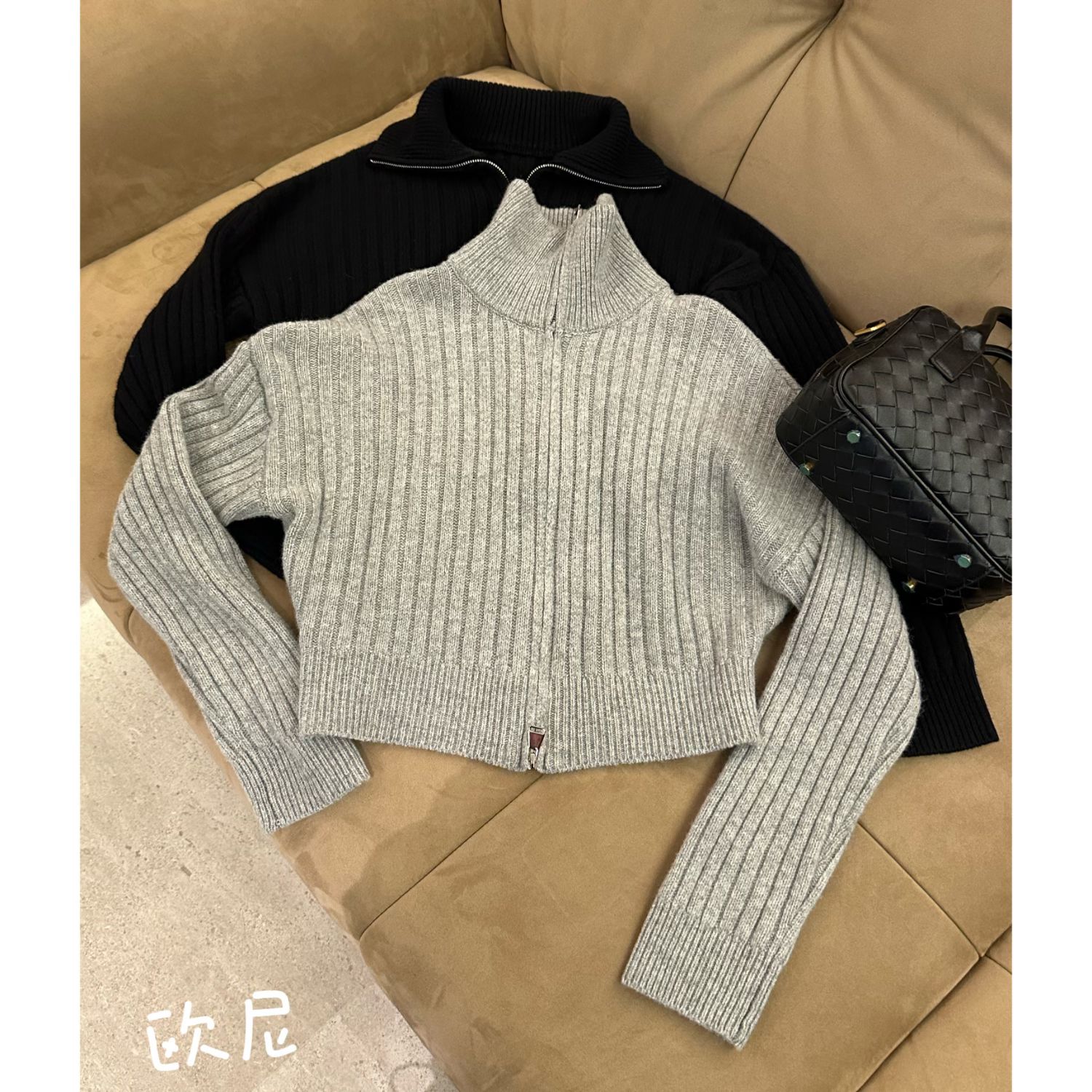 欧尼私服【冬日街灯】秋冬双拉链翻领竖坑条显瘦百搭高领厚毛衣2312