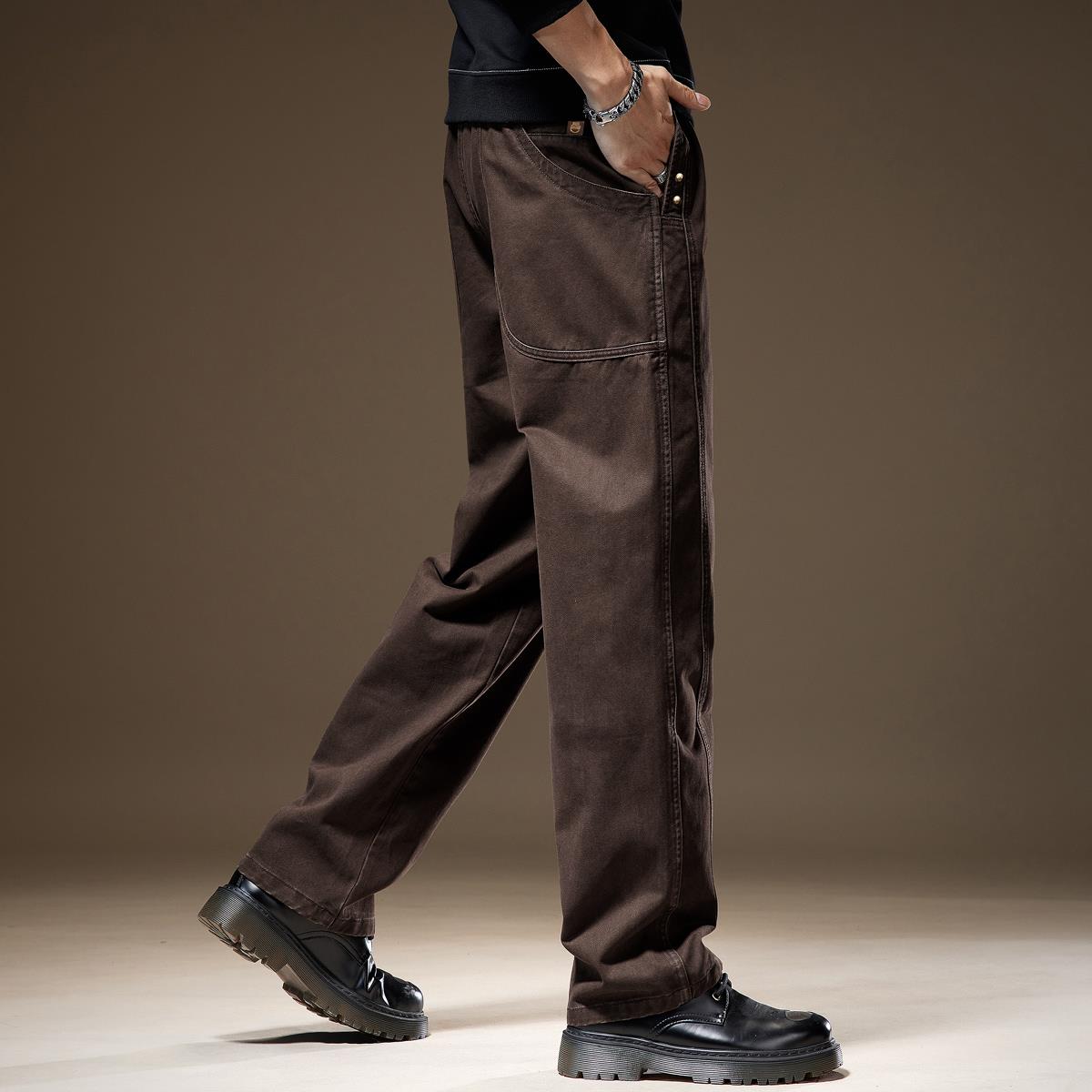 高端高档复古咖啡色工装裤子男秋季宽松加绒阔腿休闲直筒休闲裤男