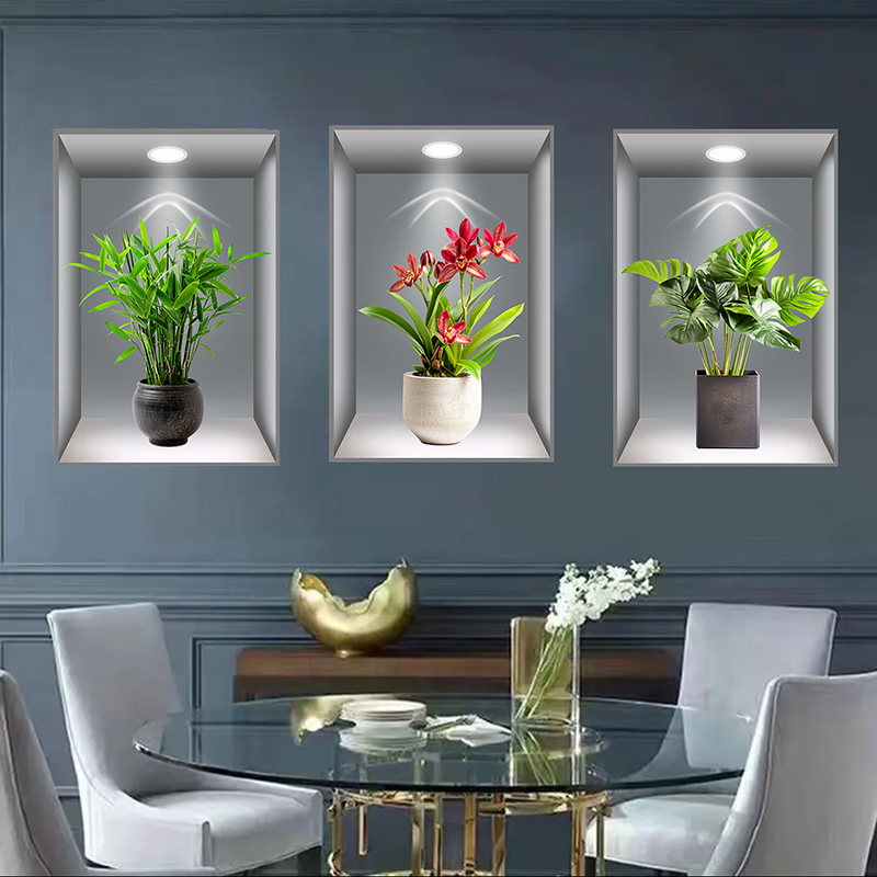 植物花卉3D立体效果盆栽贴画过道楼梯三联装饰画宾馆餐厅自粘壁画