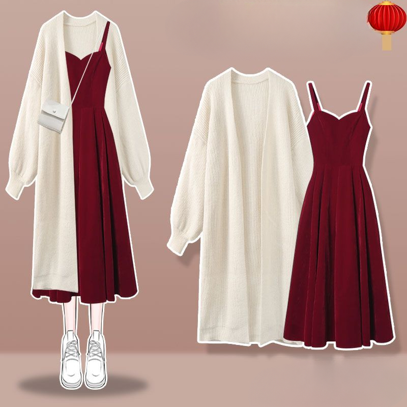 秋冬季套装女2023新款大码毛衣秋季外套气质显瘦红色针织两件套