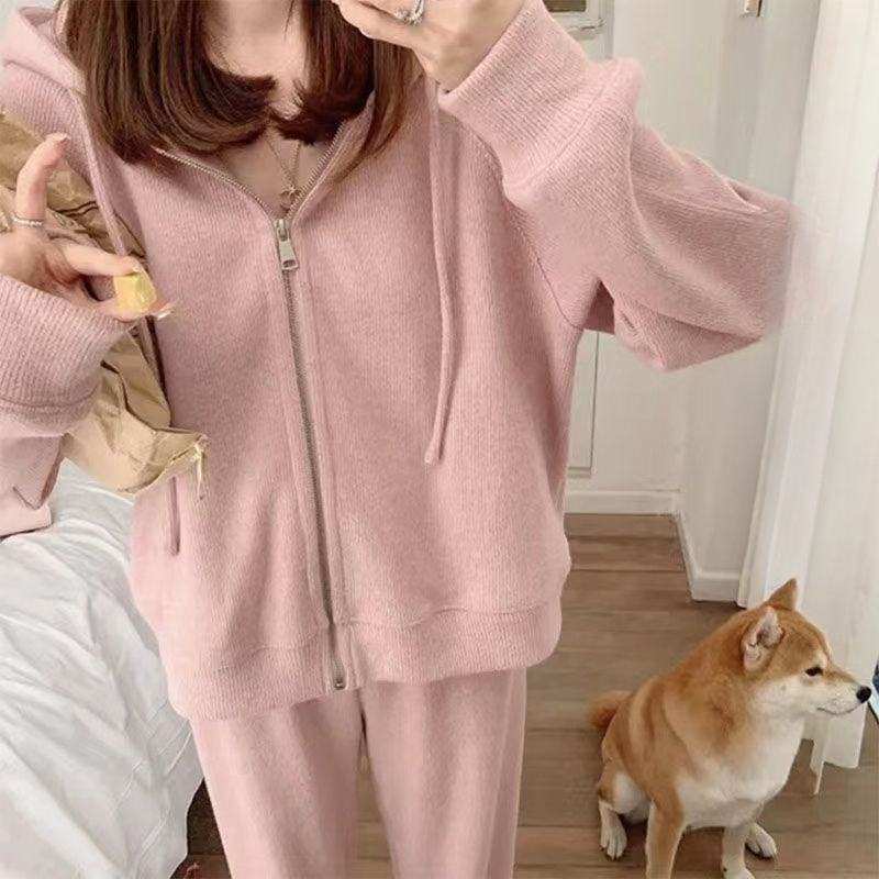 秋冬保暖女士宽松韩版加绒加厚粉色休闲运动腿裤套装两件套女感