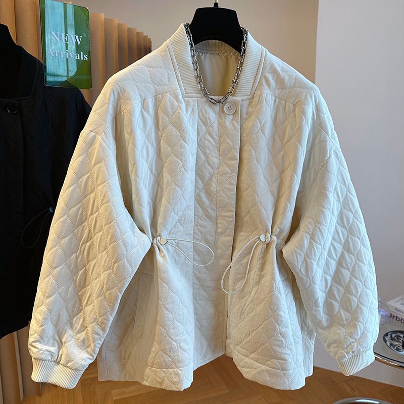 精致复古小香风绗缝菱格抽绳收腰轻薄棉服女时尚韩版气质棉衣外套