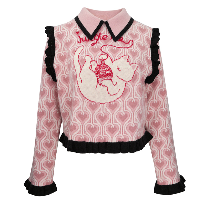 JUNGLE ME甜美减龄爱心提花毛衣荷叶边装饰时尚女士翻领上衣