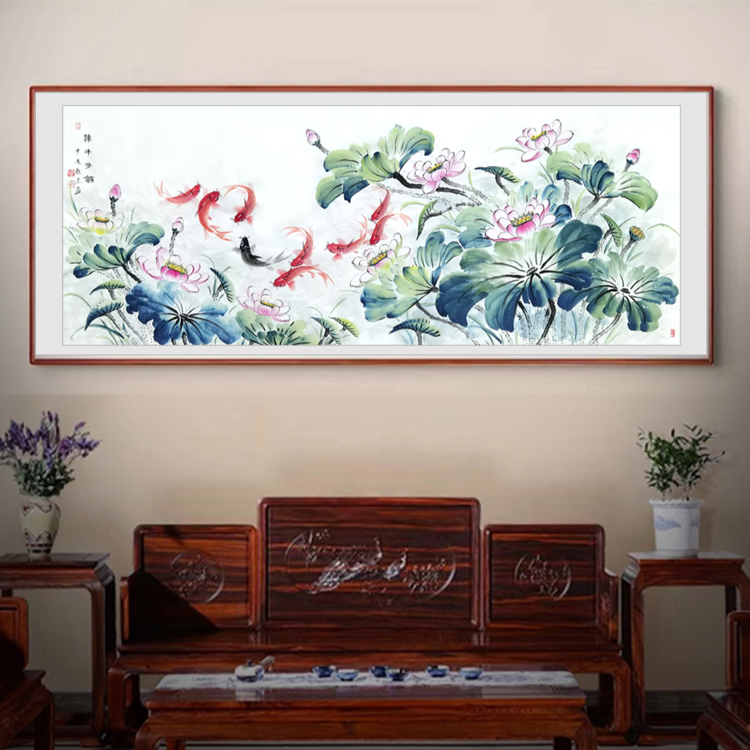 九鱼荷花系列手绘精选作品集《年年有余》客厅九鱼图高档大气客厅画