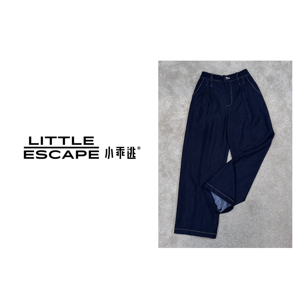 小乖逃X藏蓝长裤百搭阔腿裤高腰垂坠感明线饰休闲裤371长裤