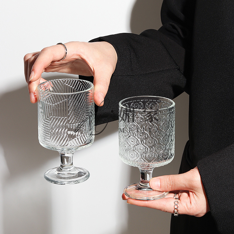 媚家四只装复古浮雕花纹透明高脚玻璃杯家用创意鸡尾酒红酒香槟杯