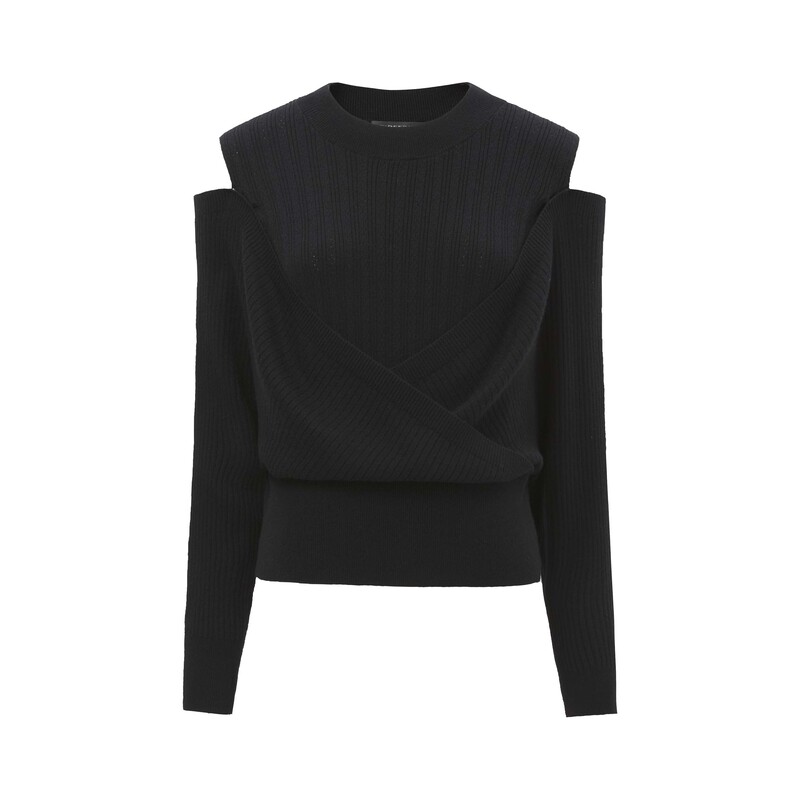 sdeer圣迪奥女装时尚休闲罗纹圆领挖肩交叉拼接针织衫S24463503