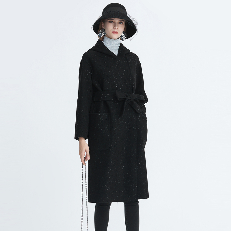 圣迪奥休闲连帽时尚气质亮片收腰中长款女装毛呢大衣S20481813