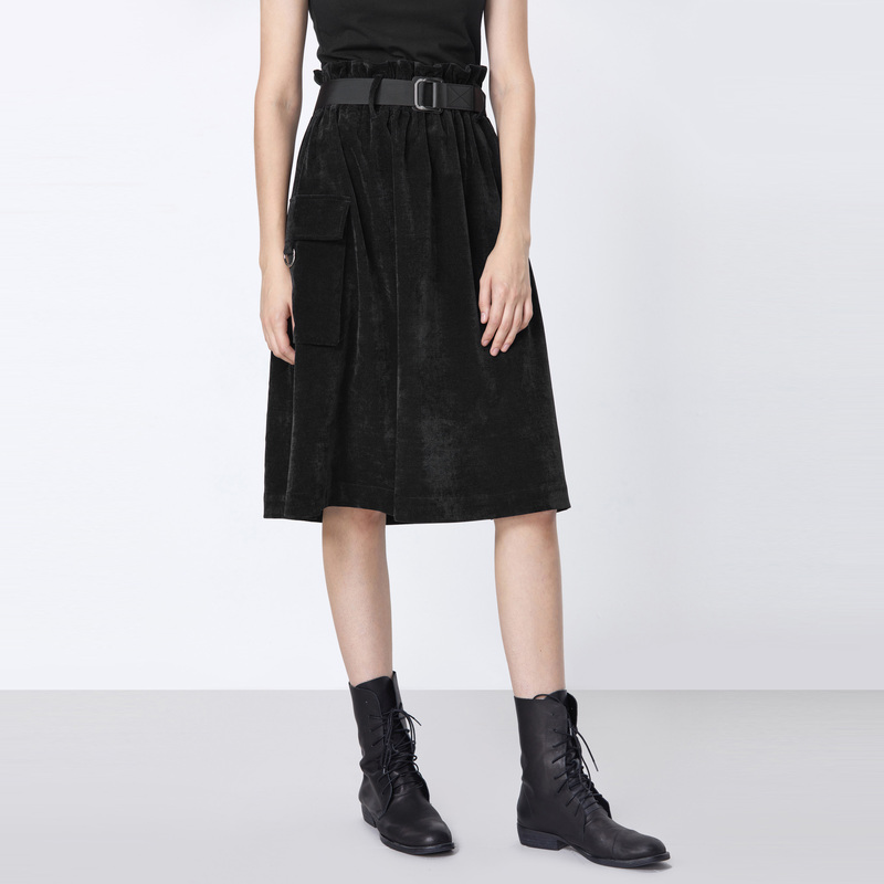 sdeer圣迪奥女装时尚休闲气质复古松紧木耳边灯芯绒长裙S21361119