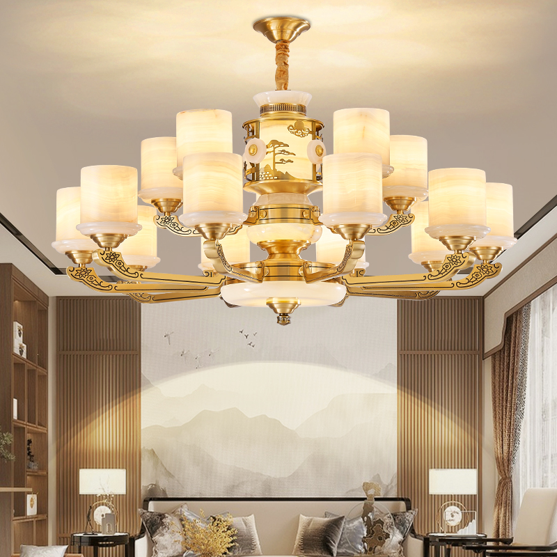 新中式大气复式楼别墅客厅餐厅卧室楼中楼中空玉石全铜大吊灯