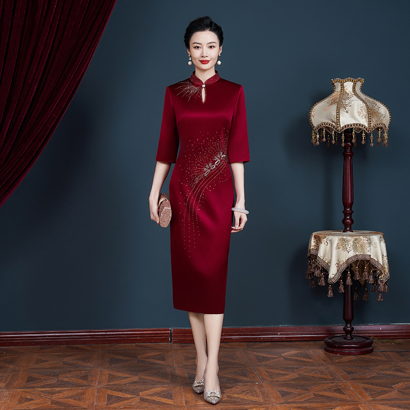 【高定礼服】进口三醋酸后开叉改良旗袍喜妈妈婆婆婚宴连衣裙修身Y