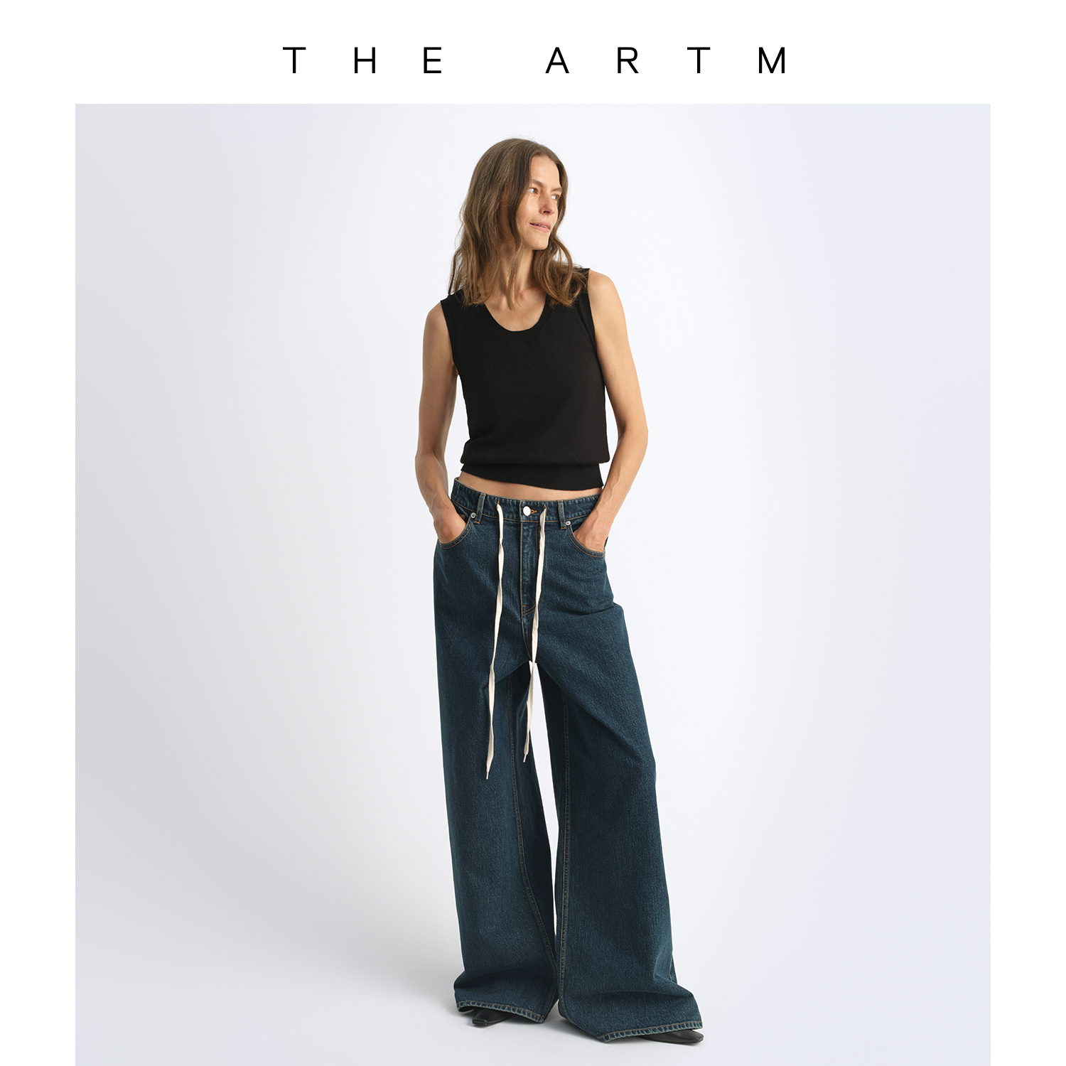 THE ARTM时髦显瘦高腰裤子褶裥设计复古水洗休闲阔腿牛仔裤女