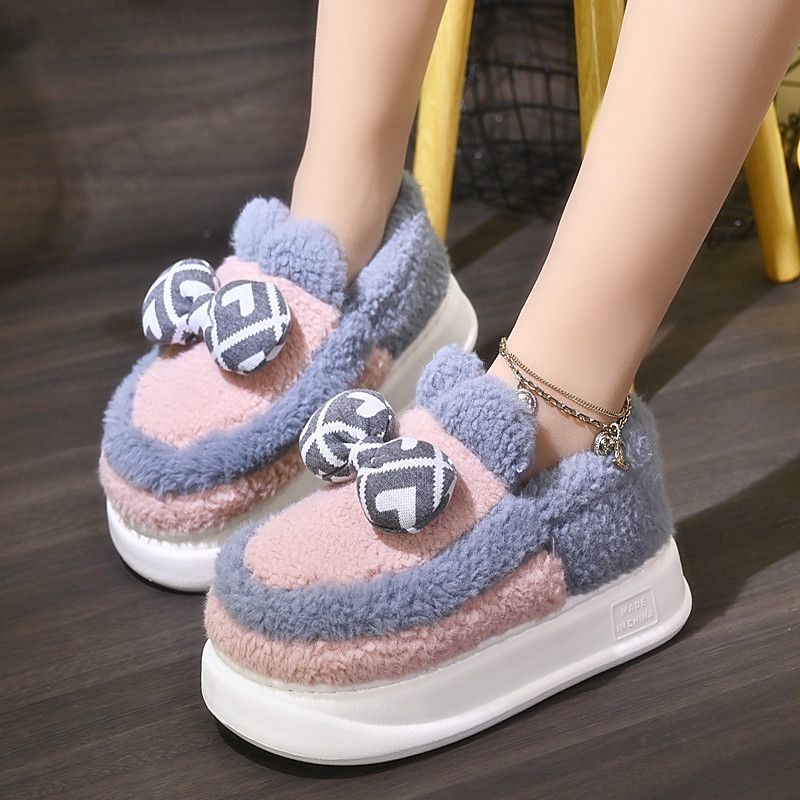 2023新款棉拖鞋女冬季包跟厚底室内时尚蝴蝶结毛绒棉拖鞋外穿