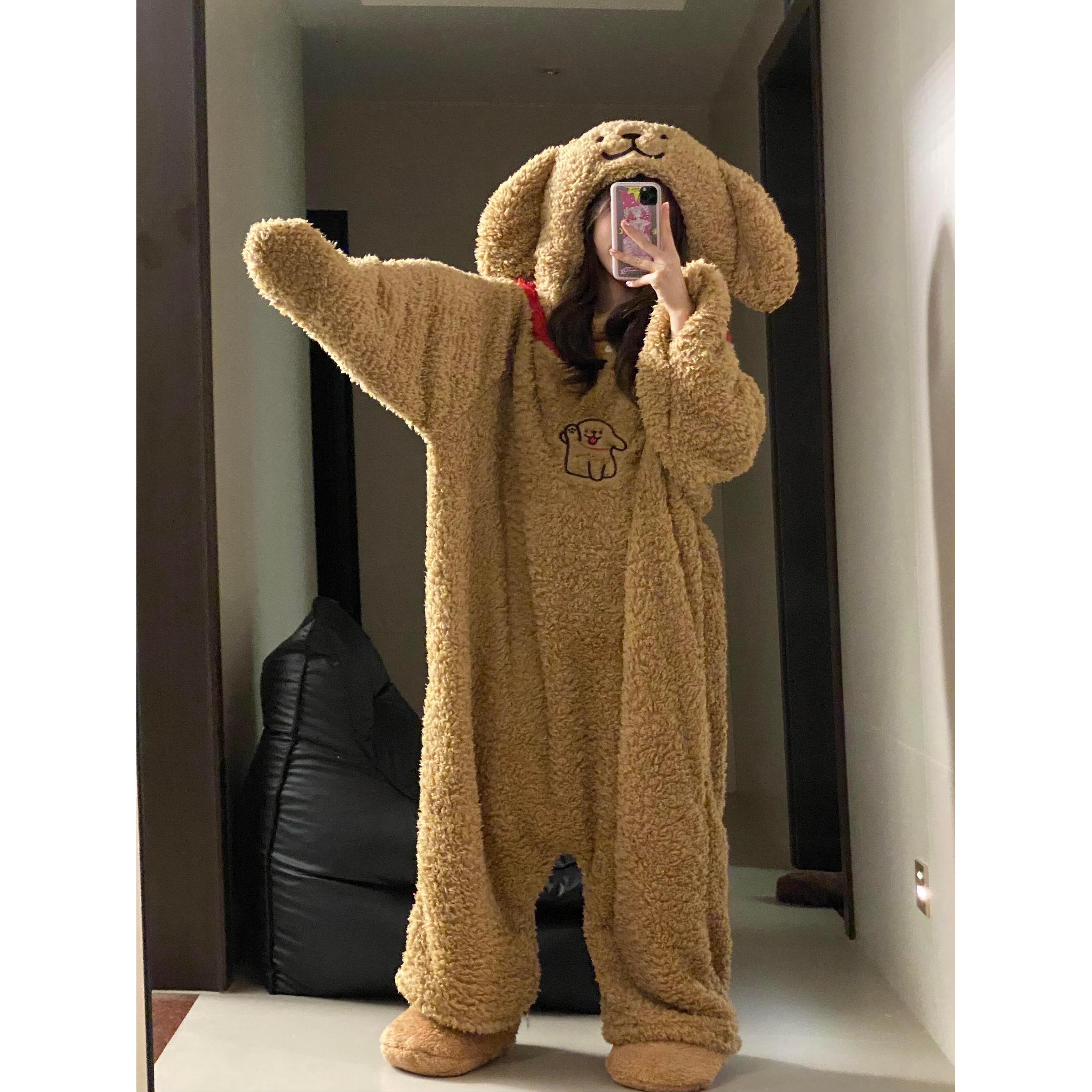 【连帽卡通狗】可爱新款珊瑚绒睡衣女秋冬季加绒保暖家居服连体衣