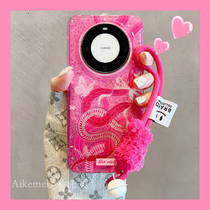 适用华为mate60pro+手机壳玫红辣妹风ura70pro+闪粉丝带蝴蝶蛇女