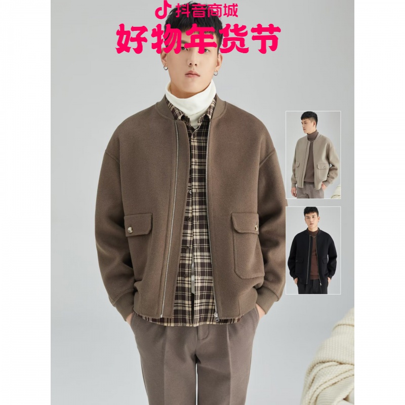 棒球领宽松夹克外套百搭秋冬季帅气呢子加厚设计感美式保暖男士