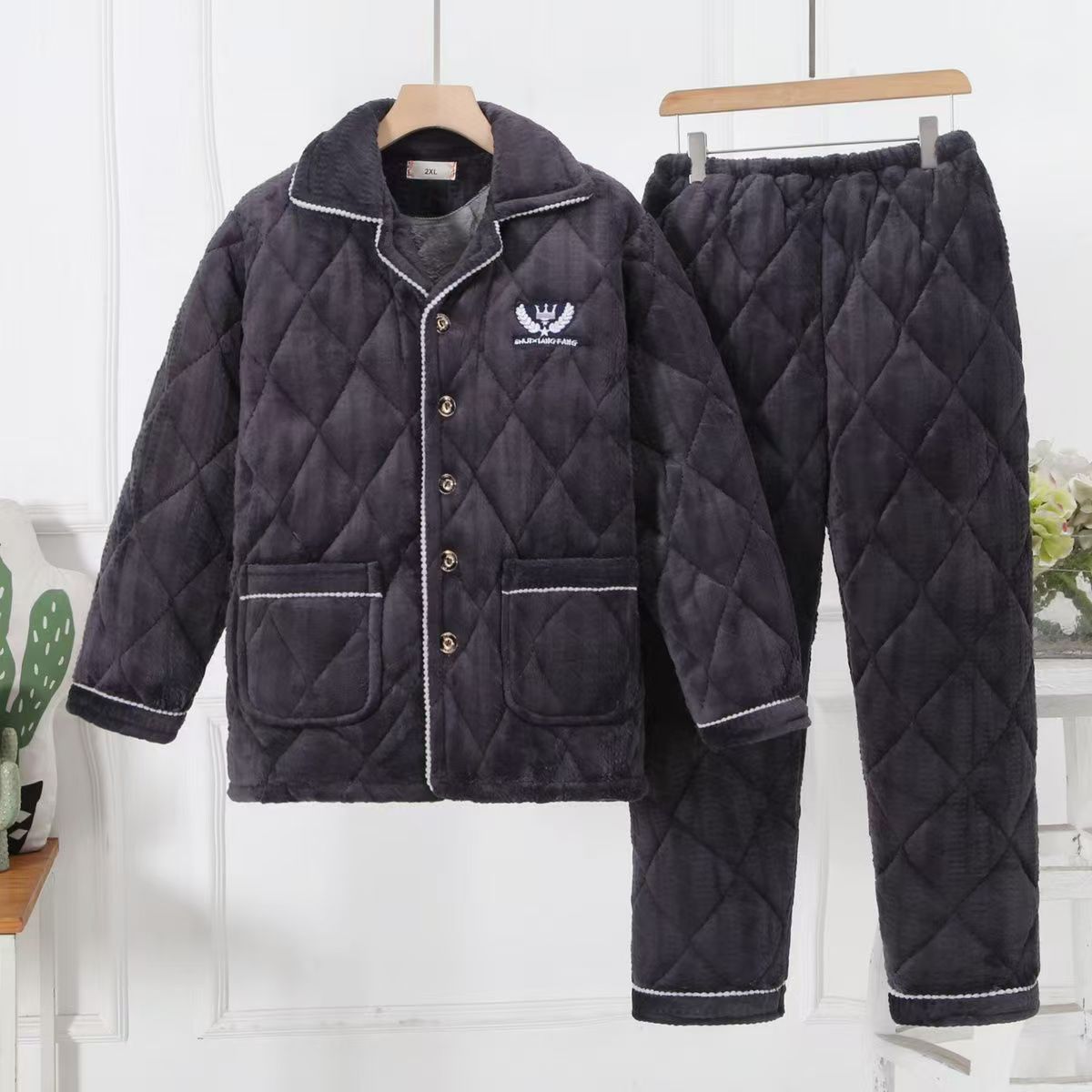 男士冬季睡衣时尚小翻领套装夹棉加绒加厚宽松大码可外穿初冬保暖