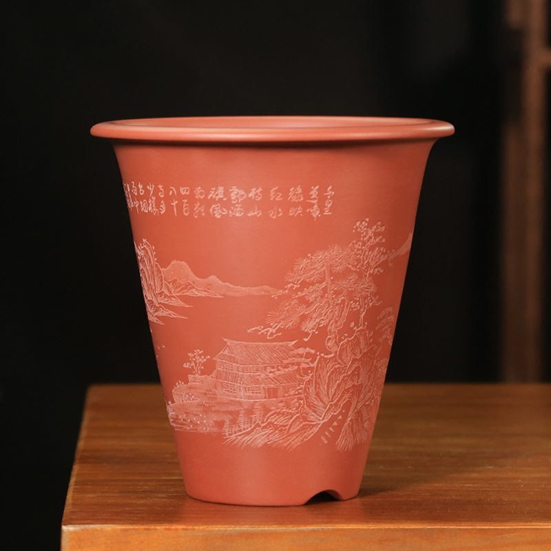 神力精品紫砂兰花盆一翁通转刻绘红清水泥高斗笠兰花绿植盆栽盆景