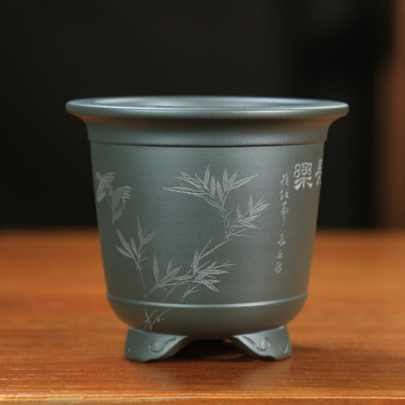 宜兴紫砂花盆老料天青泥紫砂小花盆涅生手工刻绘盆景绿植多肉盆栽