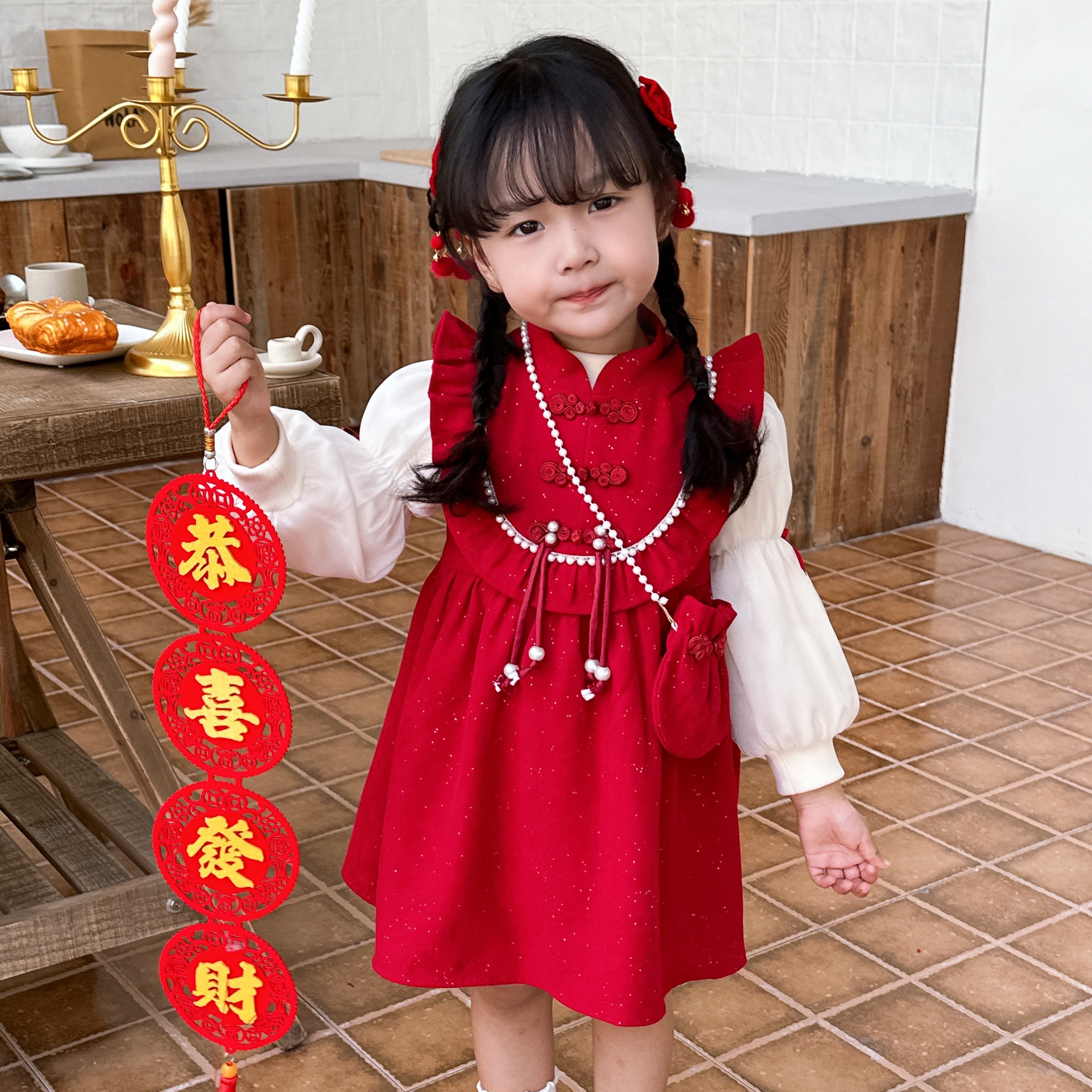 女童秋冬季洋气儿童礼服中国风裙子加绒打底衫连衣裙儿童女宝洋气