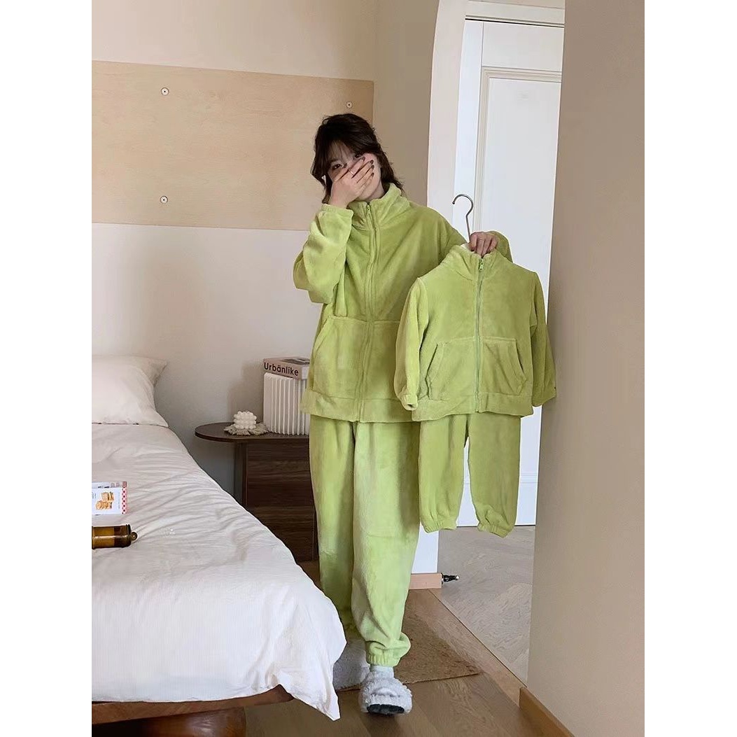 韩版亲子装珊瑚绒家居服套装时尚男女中小童宝宝防寒保暖情侣儿童