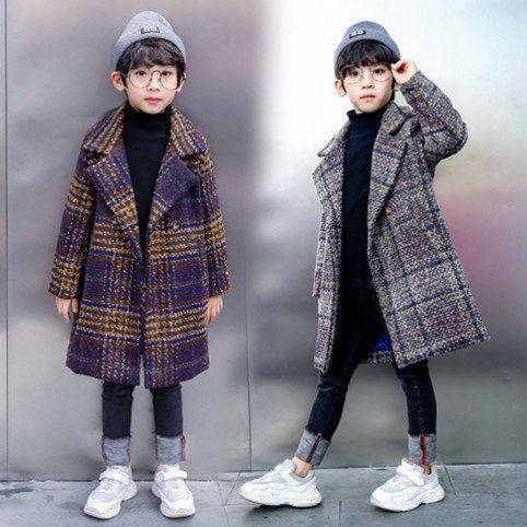 男童外套格子2023新款秋季呢子大衣中长款中大童男装加厚毛呢儿童