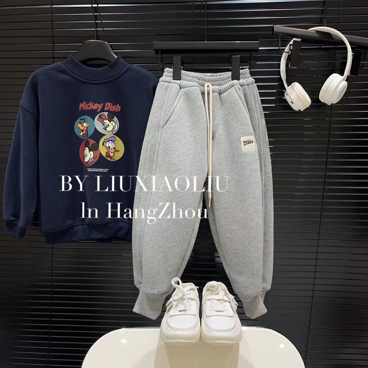 BY LIUXIAOLIU【松弛冬日】韩版设计师款秋冬季儿童加绒卫裤4647