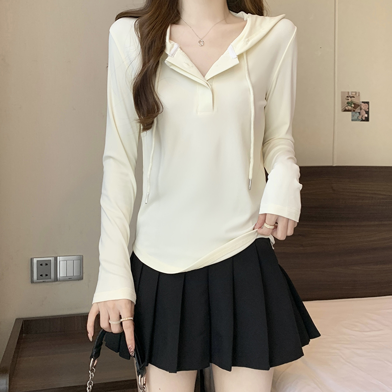 J抽绳连帽长袖T恤春秋微胖法式上衣大码胖妹妹打底衫鱼骨小衫衬衣