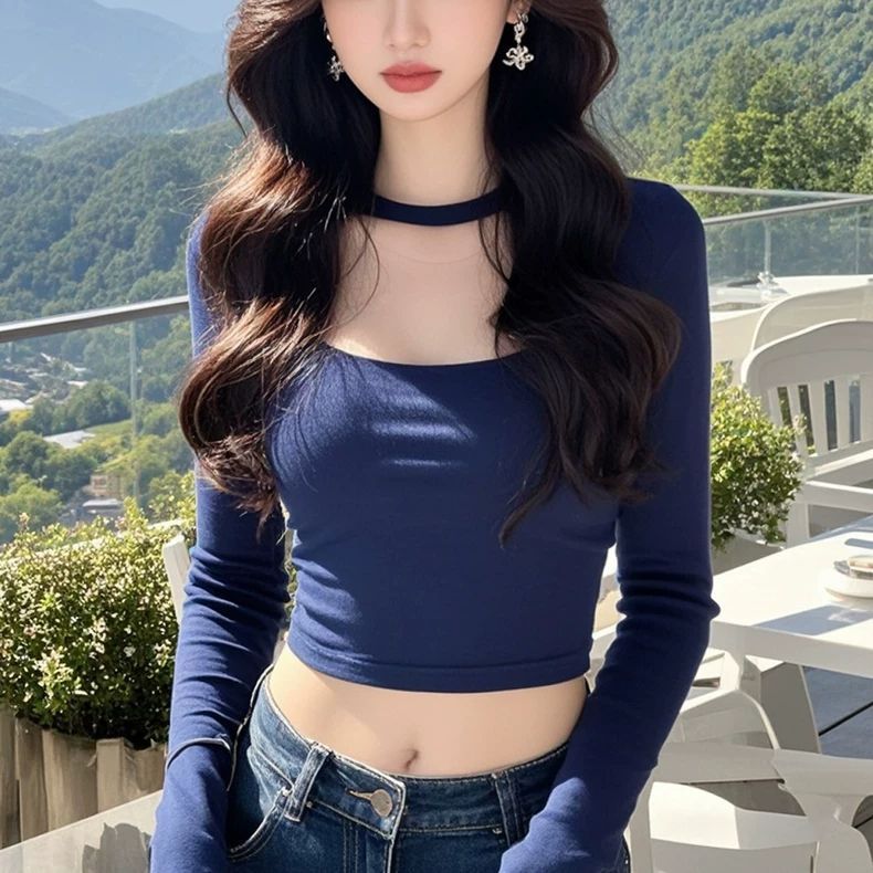 藏蓝色辣妹圆领长袖T恤女新款纯欲小个子短款上衣