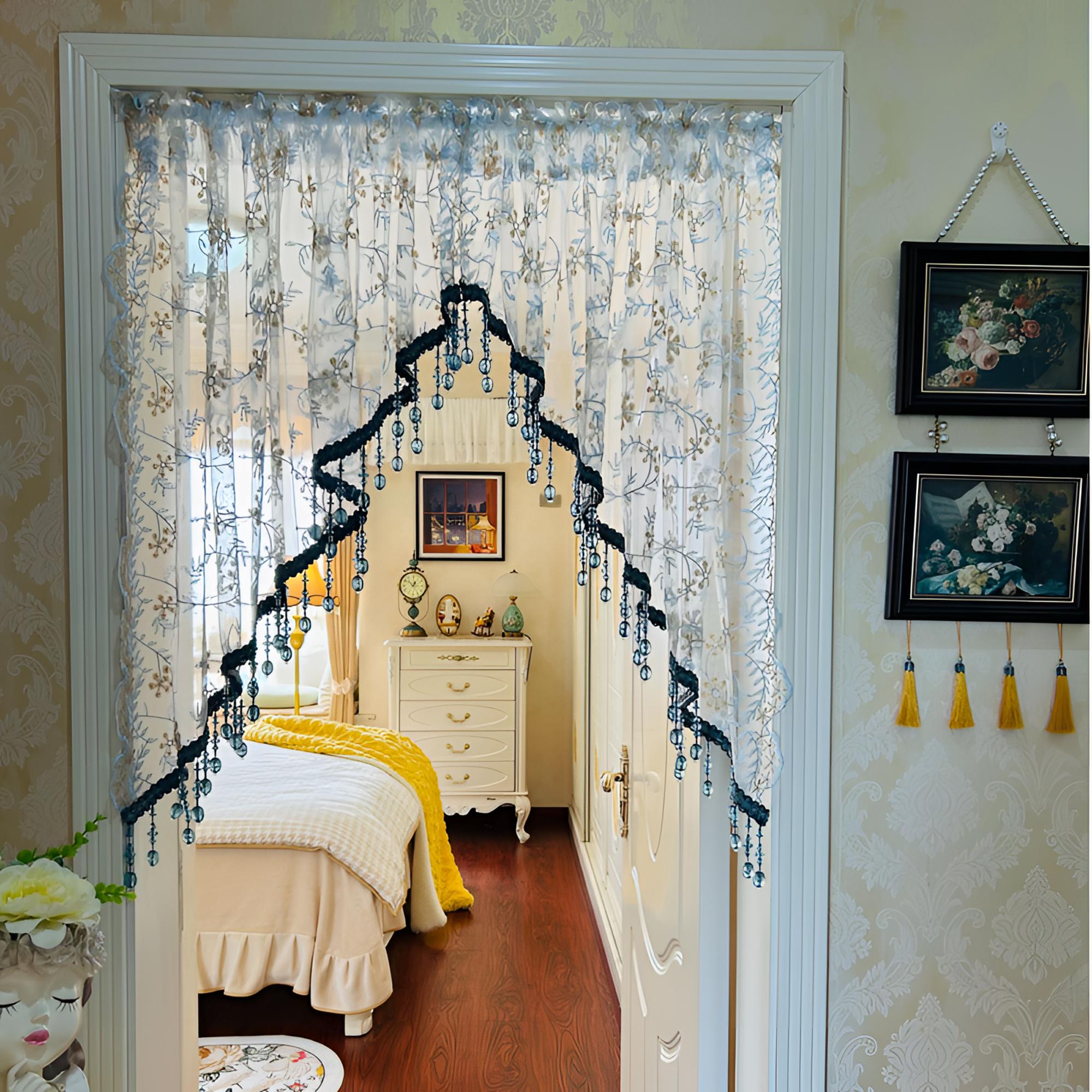 轻奢蓝韵流苏边碎免打孔安装隔断门帘纱帘蕾丝布艺卧室厨房隔断