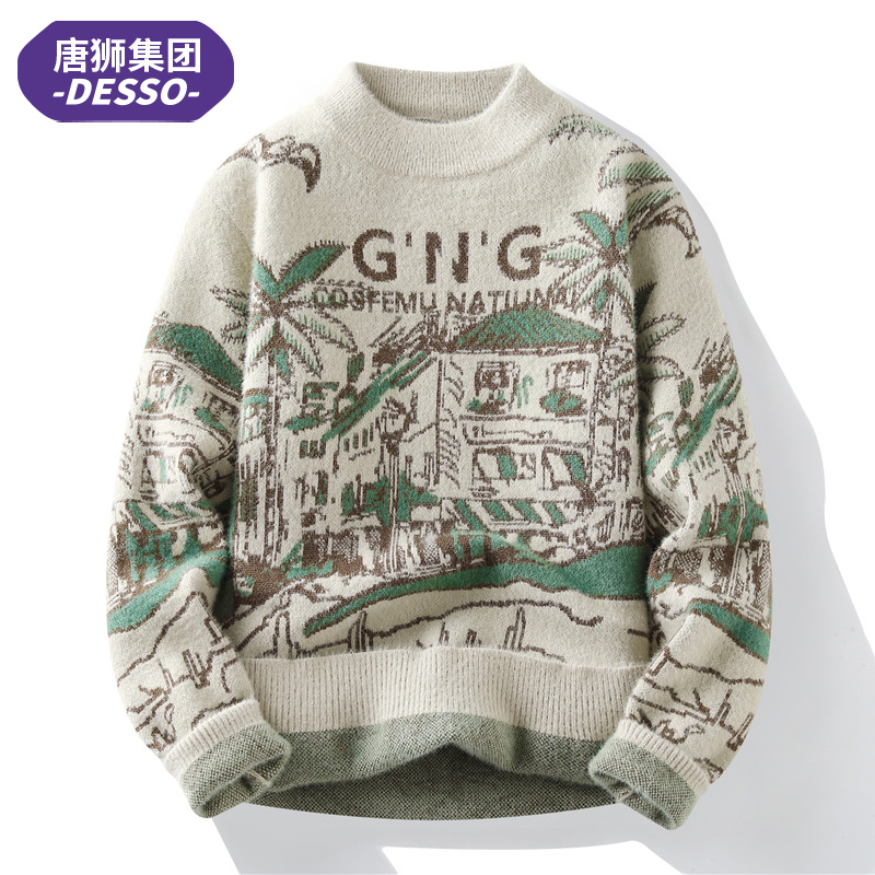 唐獅旗下DESSO秋冬新款加厚圆领毛衣男青年学生套头保暖针织衫潮
