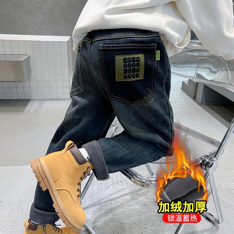 2023秋冬新款7韩版儿童加绒牛仔裤中大童男童冬天裤子洋气加厚