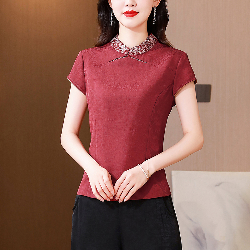 新中式国风短袖衬衫女2025夏装新款时尚提花小衫妈妈修身气质上衣