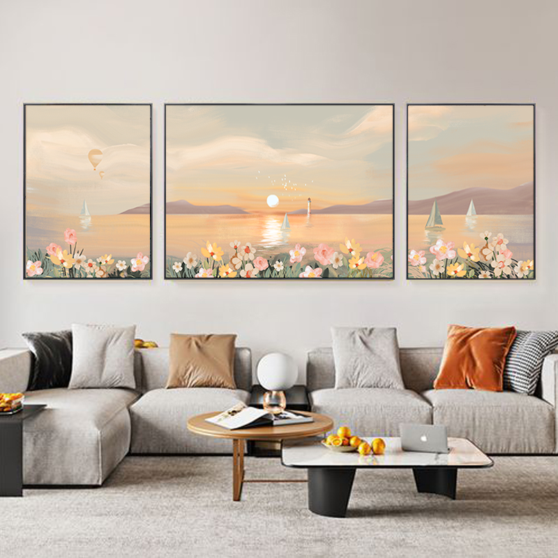 砂岩装饰画【花海涟漪】现代客厅手工肌理奶油风挂画沙发背墙三联画