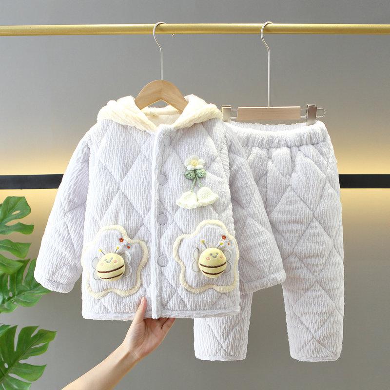 新款女童睡衣三层加厚夹棉儿童小中大童珊瑚绒保暖家居服套装带帽