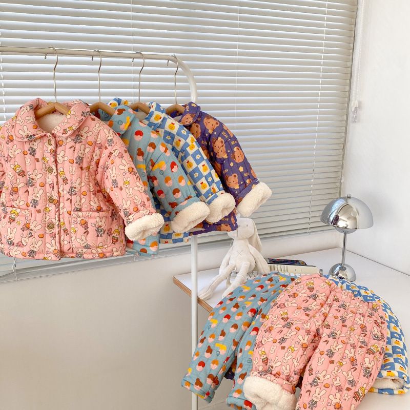 女童睡衣套装夹棉加绒三层加厚保暖男童宝宝冬季儿童家居服两件套
