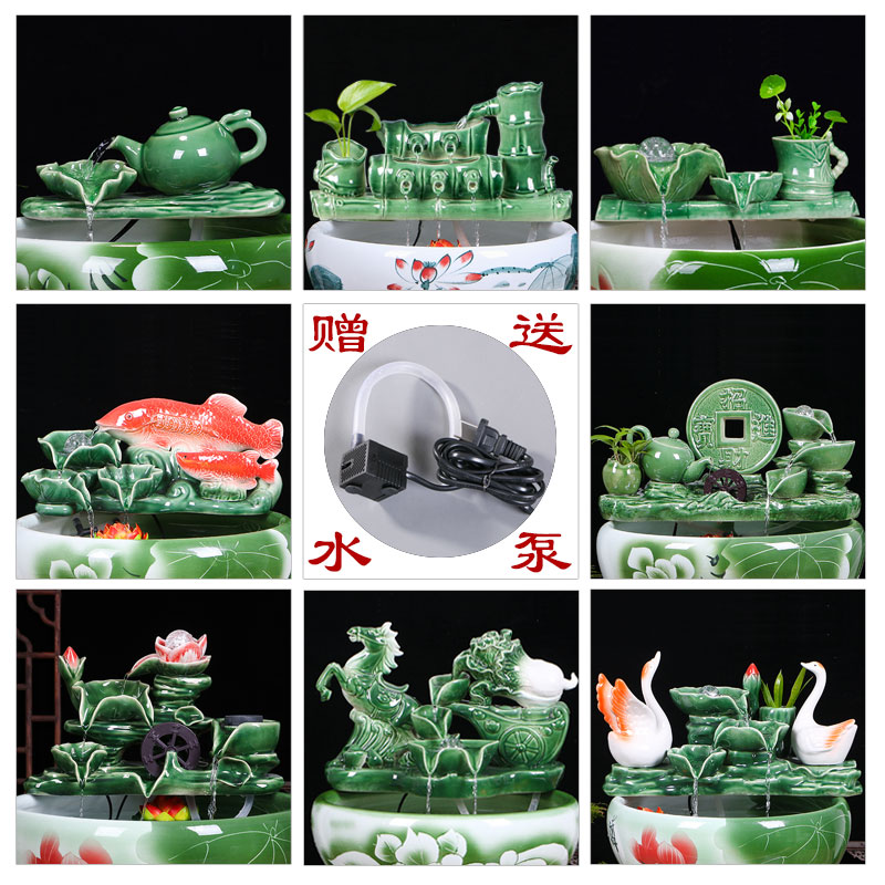陶瓷自动循环鱼缸流水增氧加湿过滤器摆件养鱼盆喷泉室内家用造景