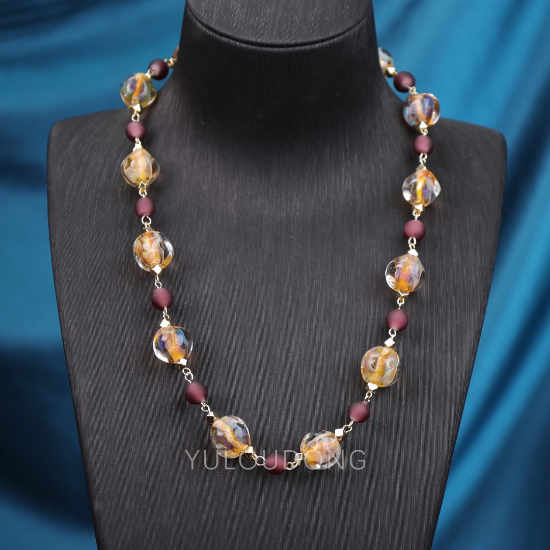 合金项链 玉楼东合金项链 XL692 奶油橙料磨砂珠琉璃项链原创