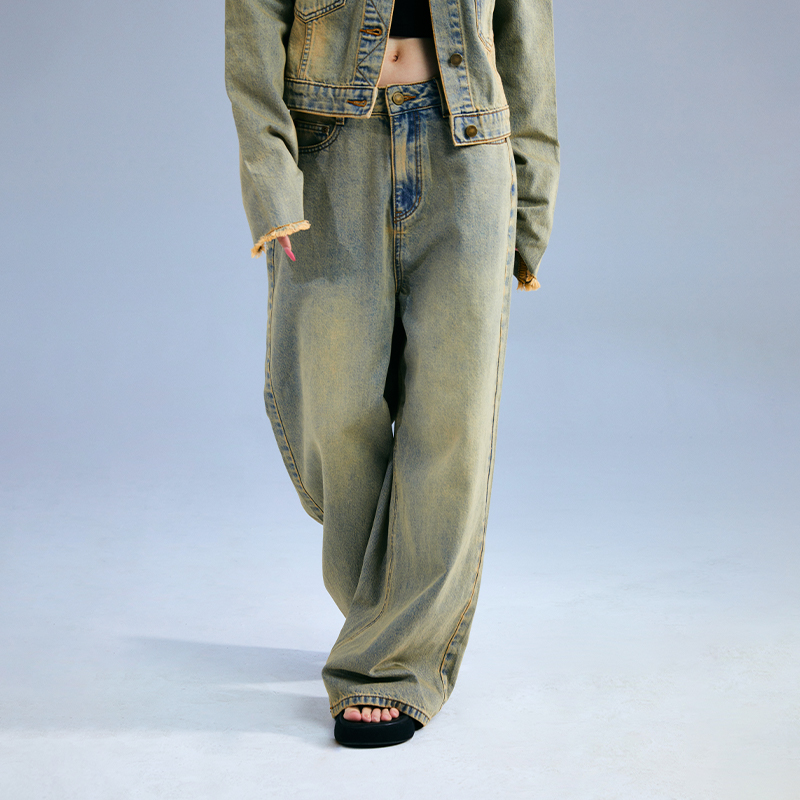 PINK BURNIN*泥染做旧仔长裤休闲街头宽松水洗高腰秋季直筒高街