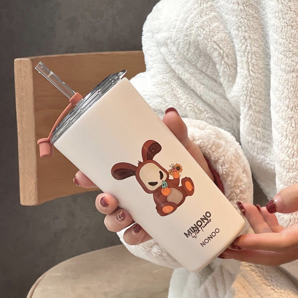 NONOO吸管保温咖啡杯女生高颜值办公室便携车载可爱316不锈钢送礼