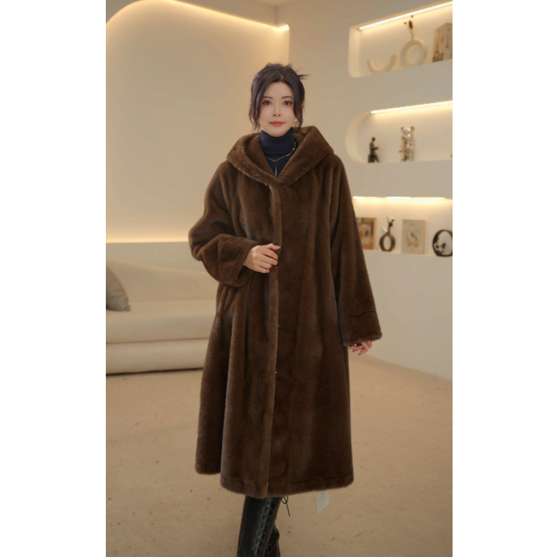 新款休闲雪兰貂绒带帽长款减龄百搭貂绒外套纯色宽松贵气女装