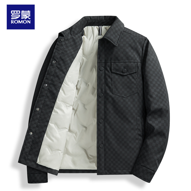 罗蒙秋冬季新款轻薄羽绒服修身棋盘格夹克外套翻领休闲商务保暖