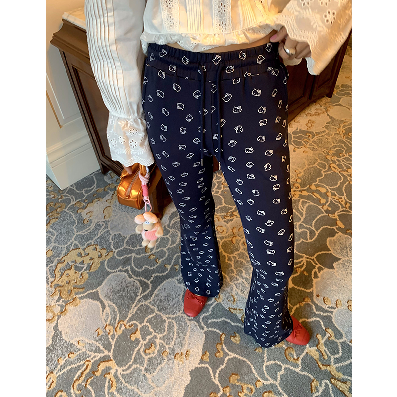 今屿花花 裤子休闲裤女2024新款藏青色印花高腰长裤喇叭裤针织