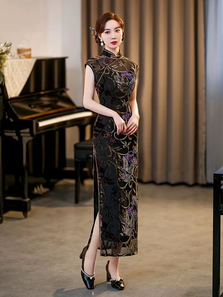8296【桑蚕丝植绒彩叶】双层长款旗袍显瘦优雅中国风黑色高贵气质