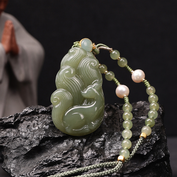 和田玉晴水冰晴九尾狐凤九项链毛衣链 凤九54mm x 32mm